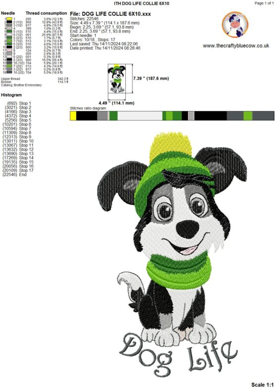 In The Hoop Clive the Collie / Dog Life Digital Download Machine Embroidery Design File 5×7 and 6x10 Hoop - Image 2
