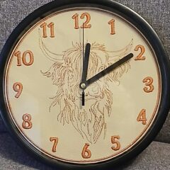 In The Hoop Highland Cow Clock Face Digital Download Machine Embroidery Design File 8×8 or 12×8 Hoop